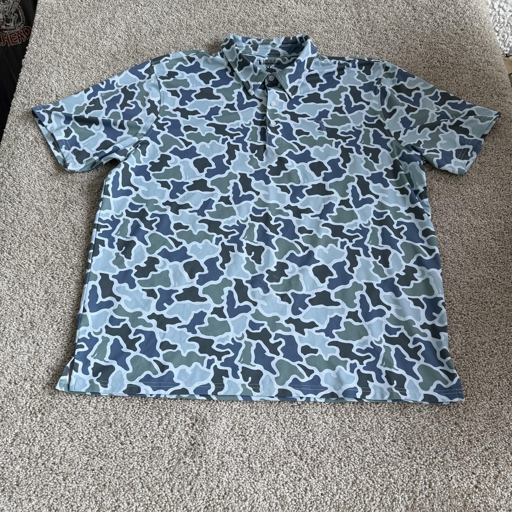 Local Boy Outfitters Polo Shirt Mens XL Blue Camo Short Sleeve Stretch Top